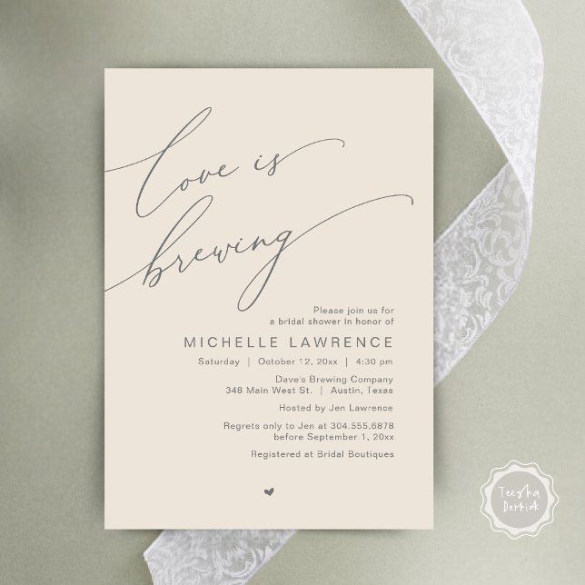 Invitation L'amour est en train de se faire, Célébration de f (Love is Brewing, Bridal Shower Party Beer Wine Tasting Romantic Invites Card Charm Cream Grey)