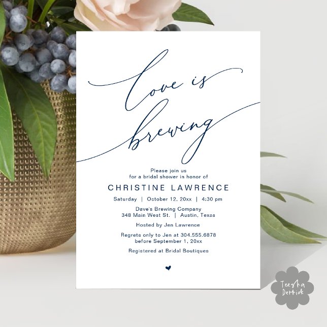 Invitation L'amour est en train de se faire, Célébration de f (Love is Brewing, Bridal Shower Party Beer Wine Tasting Romantic Invites Card Charm Navy Blue)