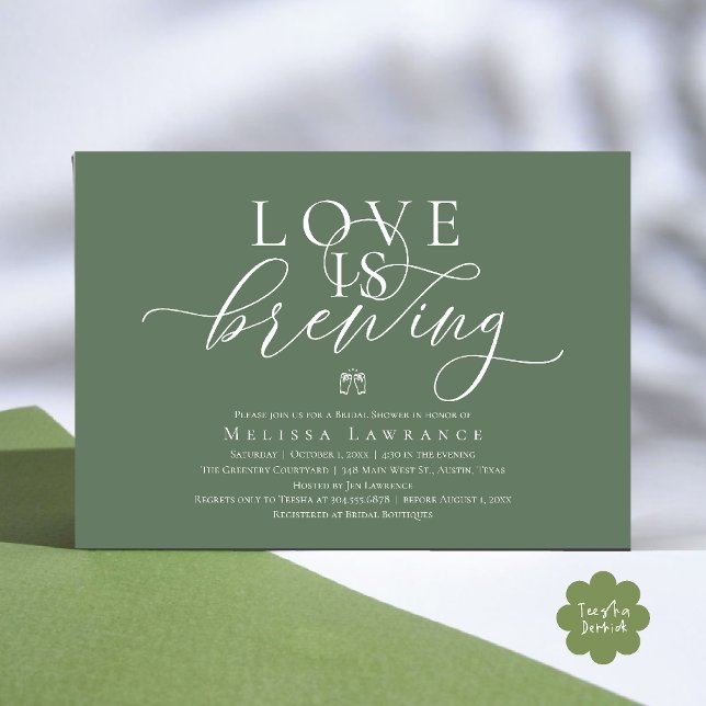 Invitation L'amour est en train de se préparer Élégante Fête  (Love Is Brewing Modern Classy Elegant Script Bridal Shower Invitation Card in Sage Green)