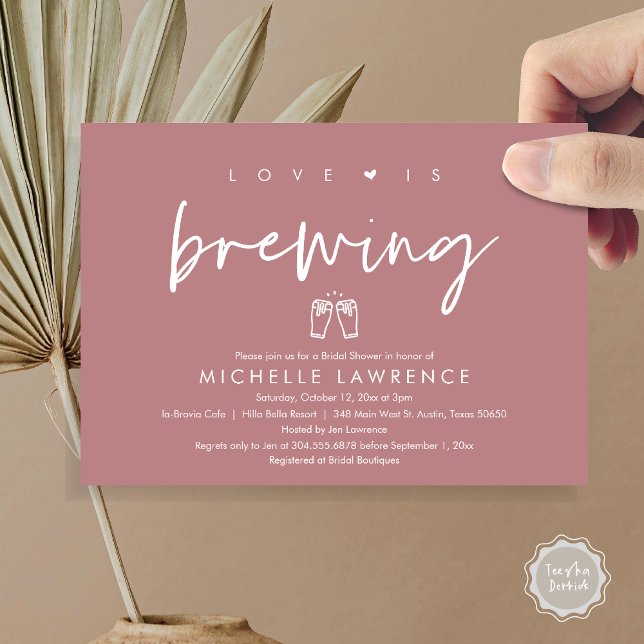 Invitation L'amour est en train de se préparer, Fête de bière (Love is Brewing, Bridal Shower Invitation Card, PDF, Beer Brew Party Celebration, Dusty Rose Pink)