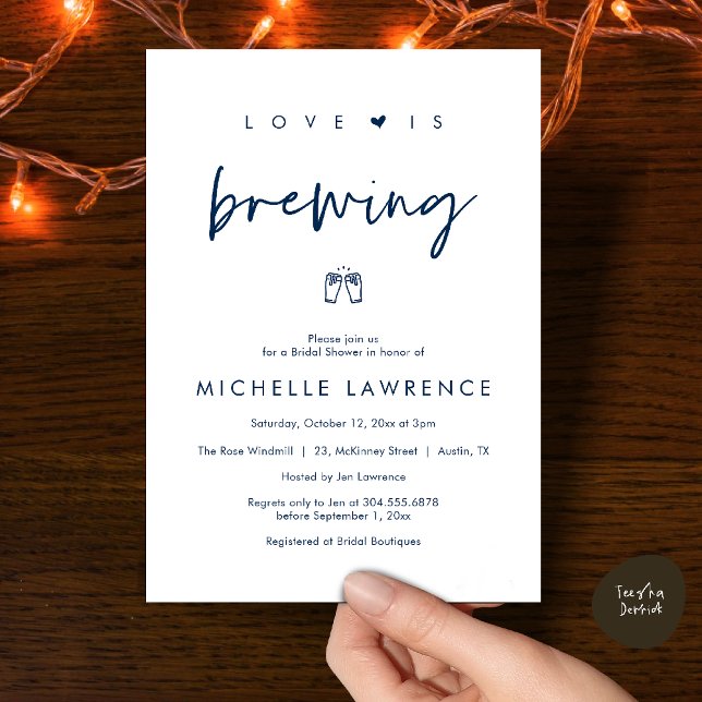 Invitation L'amour est en train de se préparer, Fête de la Bi (Love is brewing, Beer Party, Bridal Shower Invites card, booze love laughter, in navy blue)