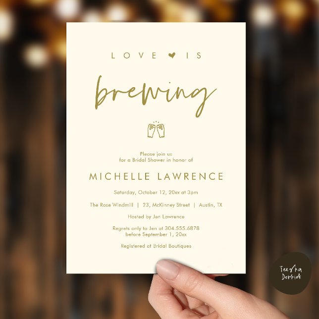 Invitation L'amour est en train de se préparer, Fête de la Bi (Love is brewing, Beer Party, Bridal Shower Invites card, booze love laughter, in yellow gold)