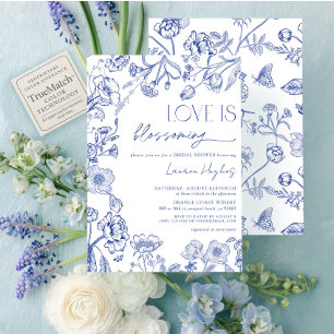 Invitation L'amour est florissant Bleu Vintage Douche Florale
