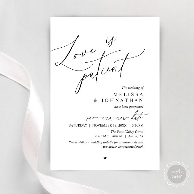 Invitation « L'amour est patient » Annonce de report de maria (“Love Is Patient” Wedding Postpone Announcement, Change the date card in black and white)