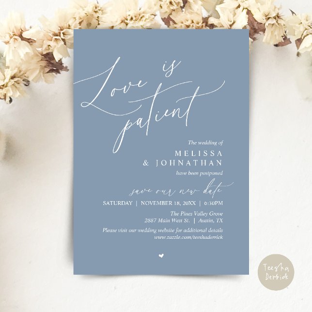 Invitation L'amour est patient, Annonce de report de mariage (“Love Is Patient” Wedding Postpone Announcement, Change the date card in Dusty Blue)