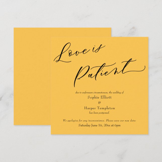 Invitation L'amour est Patient Apricot Postponed Mariage Card (Devant / Derrière)