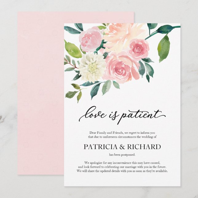 Invitation L'amour est patient Blush Floral Report de mariage (Devant / Derrière)