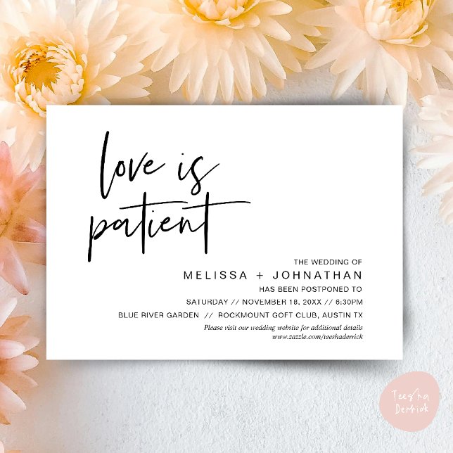 Invitation L'amour est patient, Changez notre date de mariage (Minimalist, Love is patient, Romantic Wedding Change the new date card PDF in Black White)