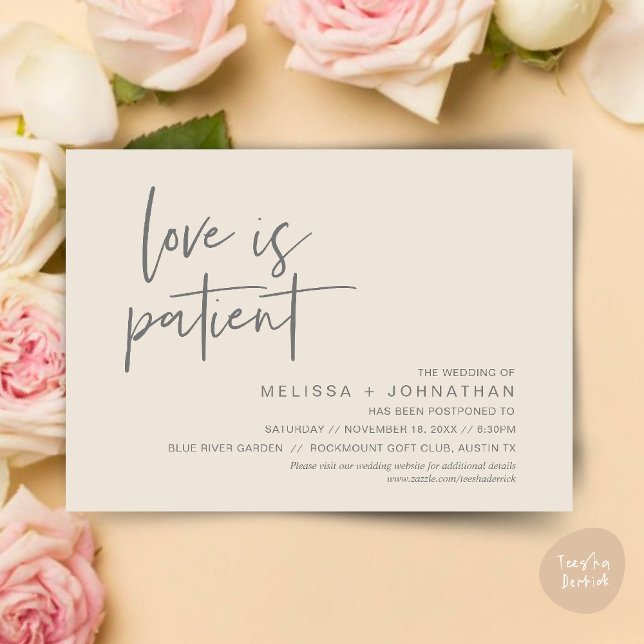 Invitation L'amour est patient, Changez notre date de mariage (Minimalist, Love is patient, Romantic Wedding Change the new date card PDF in Cream Grey)