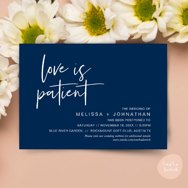 Invitation L'amour est patient, Changez notre date de mariage (Minimalist, Love is patient, Romantic Wedding Change the new date card PDF in navy Blue)