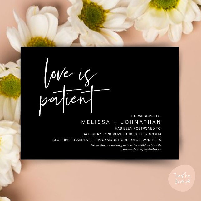 Invitation L'amour est patient, Changez notre date de mariage (Minimalist, Love is patient, Romantic Wedding Change the new date card PDF in Classy Black)