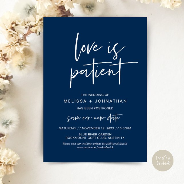 Invitation L'amour est patient, modifier la nouvelle date du  (Minimalist, Love is patient, Romantic Wedding Change the new date card PDF in navy Blue)
