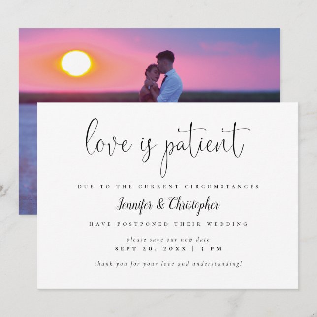 Invitation L'amour est patient Photo de mariage reporté (Devant / Derrière)