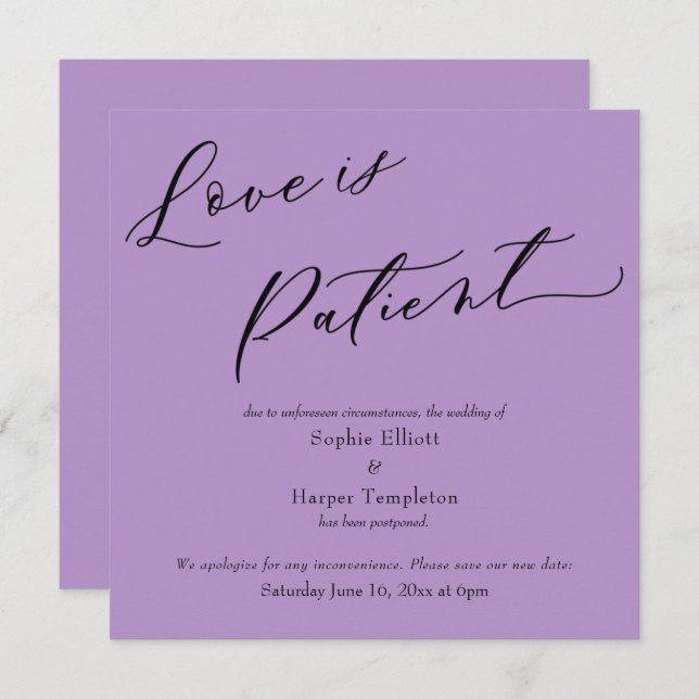 Invitation L'amour est Patient Purple Postponed Mariage Card (Devant / Derrière)