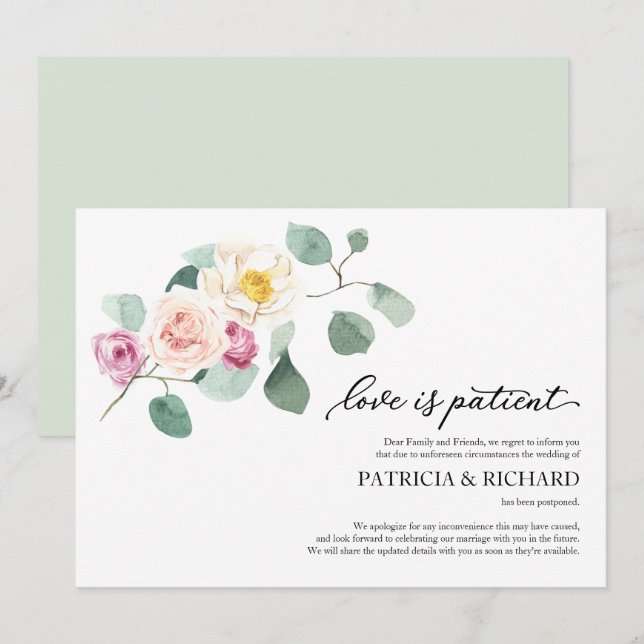 Invitation L'amour est patient Report de mariage Eucalyptus (Devant / Derrière)