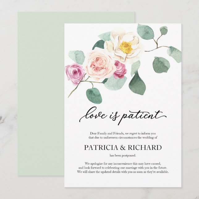 Invitation L'amour est patient Report de mariage Eucalyptus (Devant / Derrière)