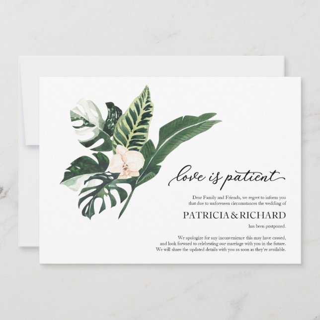 Invitation L'amour est patient Report de mariage tropical (Devant)