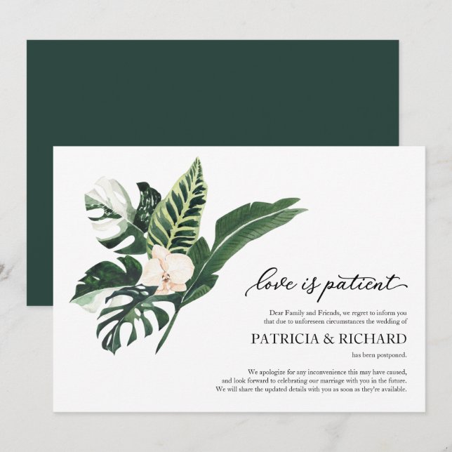 Invitation L'amour est patient Report de mariage Tropical (Devant / Derrière)
