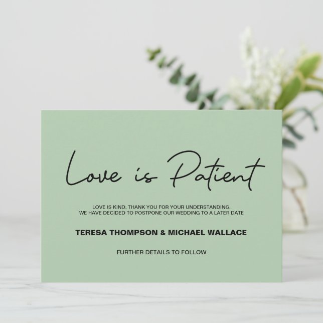 Invitation L'amour est patient Sage vert Mariage Postponction (Debout devant)
