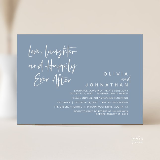 Invitation L'amour, le rire et la joie toujours après, modern (Love, Laughter and Happily Ever After, Modern Boho Wedding Invitation Card PDF Dusty Blue)