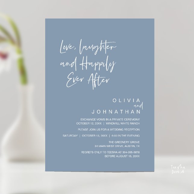 Invitation L'amour, le rire et la joie toujours après, modern (Love, Laughter and Happily Ever After, Modern Boho Wedding Invitation Card PDF Dusty Blue)