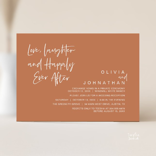 Invitation L'amour, le rire et la joie toujours après, modern (Love, Laughter and Happily Ever After, Modern Boho Wedding Invites Card PDF Brown Copper Terracotta)