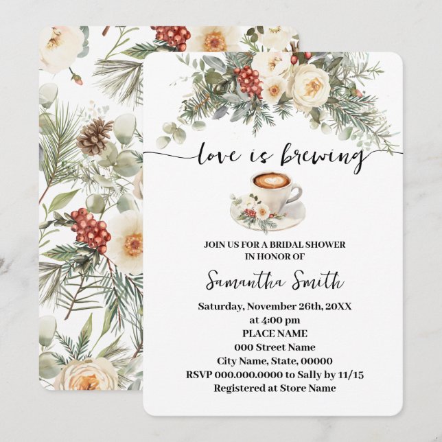 Invitation L'amour se prépare Bridal Shower Café d'hiver (Devant / Derrière)