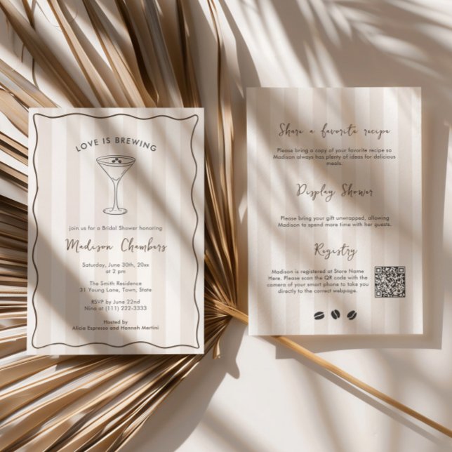 Invitation L'amour se prépare Fête de mariage avec Espresso M (Love Is Brewing Espresso Martini Social club bridal shower double-sided invitation with QR code)