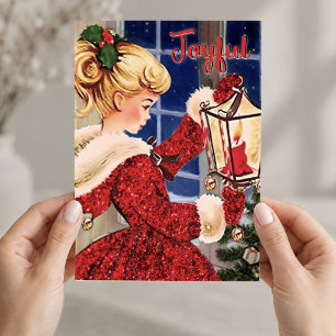 Invitation Lampe à bougie de Noël vintage fille rouge paillet