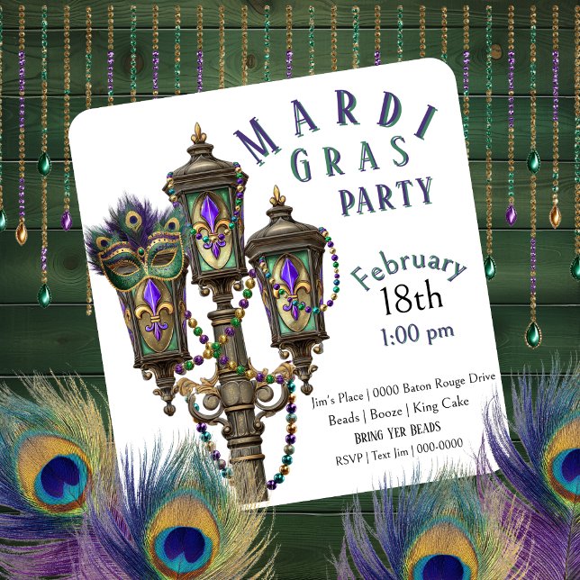 Invitation Lampe à gaz | Perles de Mardi Gras | Mascarade  (Gas lamp and Mardi Gras beads party invitation you can fully customize. )