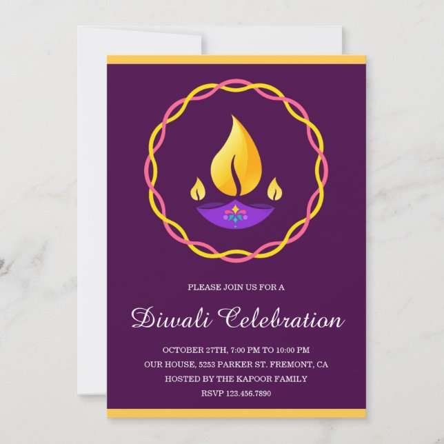 Invitation Lampe élégante indienne Diya violette pour la fête (Devant)