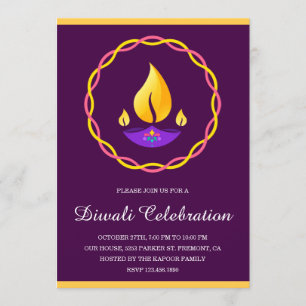 Invitation Lampe élégante indienne Diya violette pour la fête
