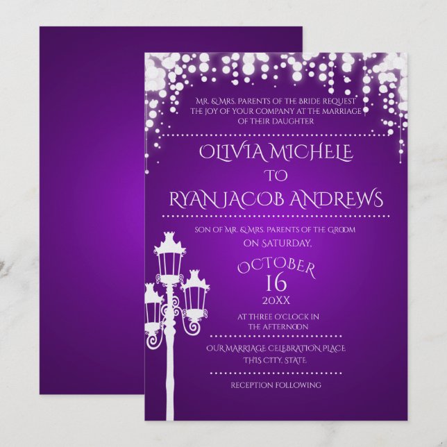 Invitation Lampe étincelante Post Gala Mariage violet (Devant / Derrière)