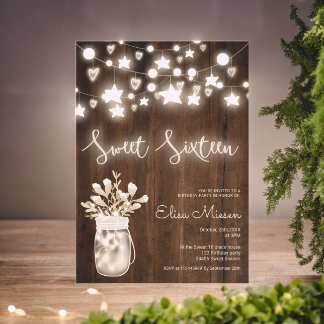 Invitation Lampes à cordes en bois rustique mâon bocal Sweet  (Rustic wood string lights mason jar Sweet 16 Invitation)