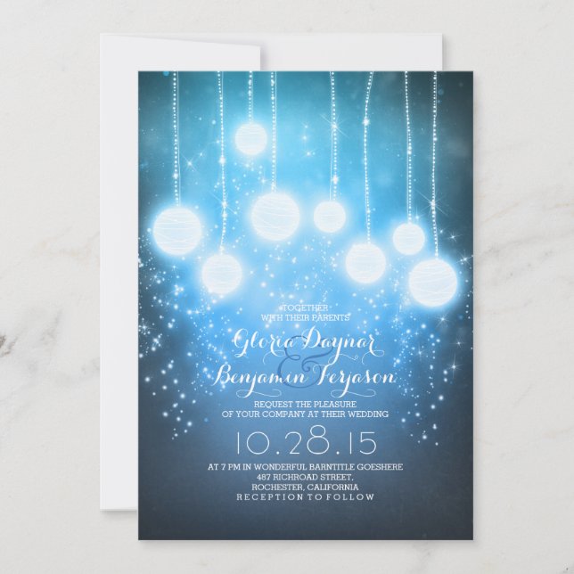 Invitation lampes à cordes étoilées et lanternes bleu mariage (Devant)
