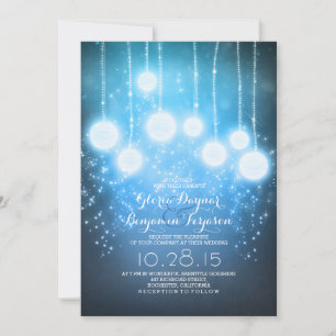 Invitation lampes à cordes étoilées et lanternes bleu mariage
