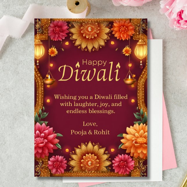 Invitation Lampes Florales Diwali Red Gold (Créateur téléchargé)