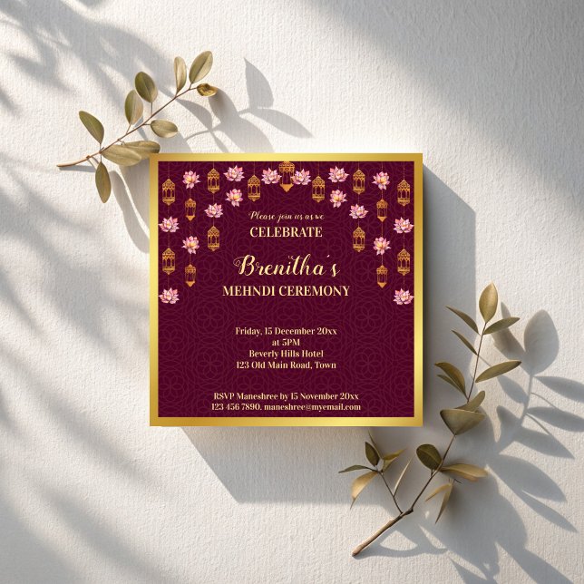 Invitation Lampions Lotus et Arabe Mohndi mariage indien (Lotus and Arabian lanterns maroon Indian wedding mehndi Invitation template instant dowmmload)