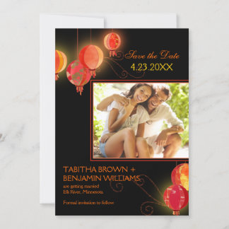 Invitation Lampions Rouges de Mariage Photo Enregistrez la Da