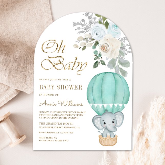 Invitation Lancement de bébé éléphant en montgolfière à l'arc (Créateur téléchargé)