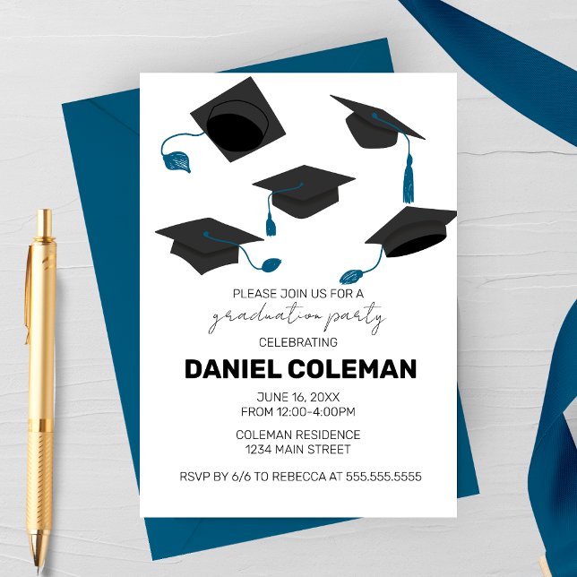 Invitation Lancement de casquette de remise de diplôme modern (Blue Tassel Hat Toss Graduation Party invitation)