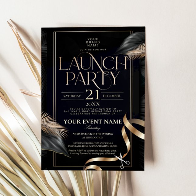 Invitation Lancement de la fête de coupe de ruban noir or lux (Luxury Black Gold Ribbon Cutting Launch Party Invitation Card)