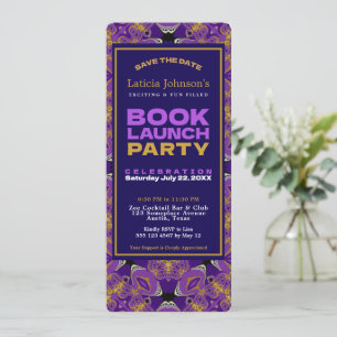 Invitation Lancement de livre en dentelle dorée fuchsia viole