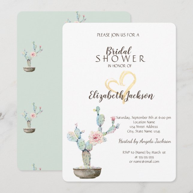 Invitation Lancement de mariage au cactus à l'aquarelle et au (Devant / Derrière)