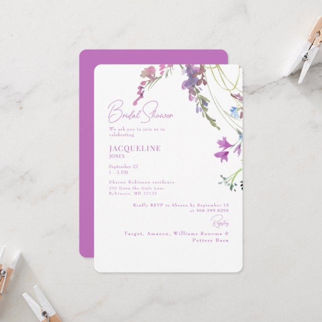 Invitation Lancement de mariage aux fleurs d'aquarelle lavand (Devant/Arrière en situation)