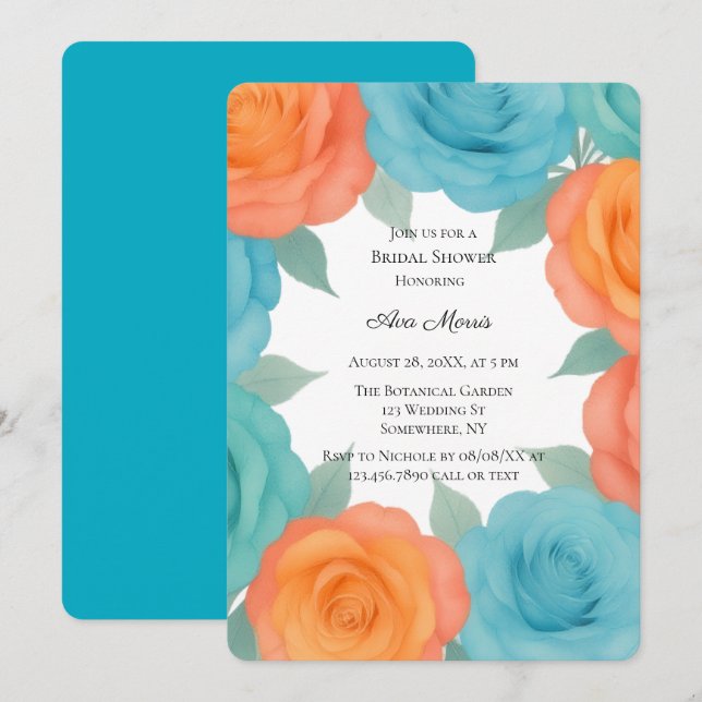 Invitation Lancement de mariage aux roses orange et sarcelle  (Devant / Derrière)