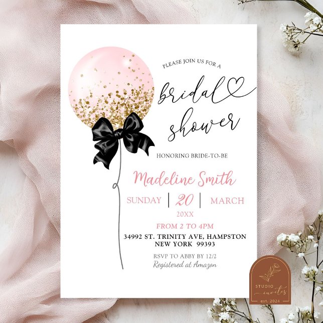 Invitation Lancement de mariage ballon rose à ruban coquette (Créateur téléchargé)