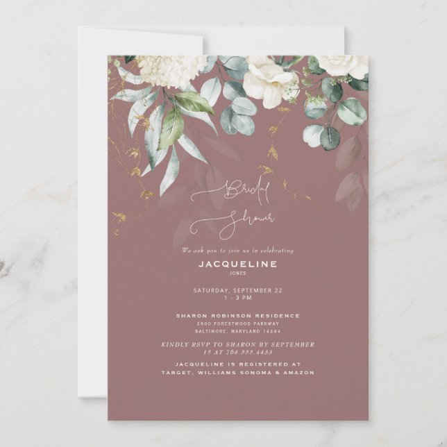 Invitation Lancement de mariage Elegant Hydrangea Rose Poussi (Devant)