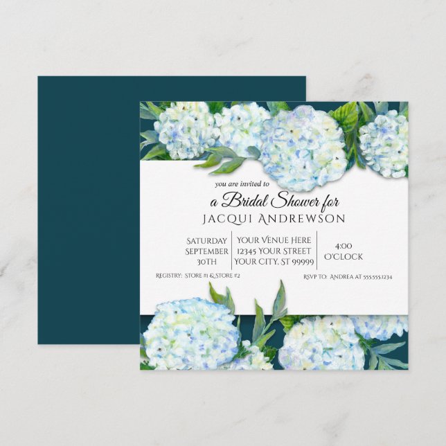 Invitation Lancement de mariage floral Bleu Paon Blanc Hydran (Devant / Derrière)