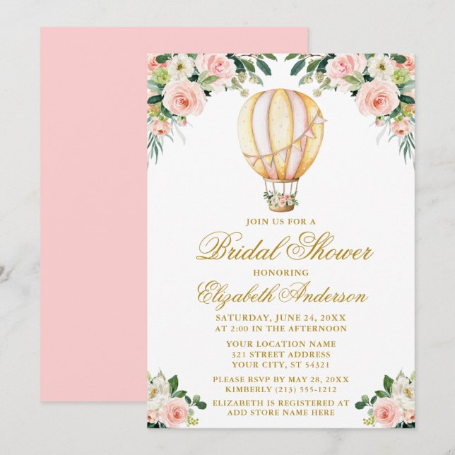 Invitation Lancement de mariage rose floral aquarelle or (Devant / Derrière)